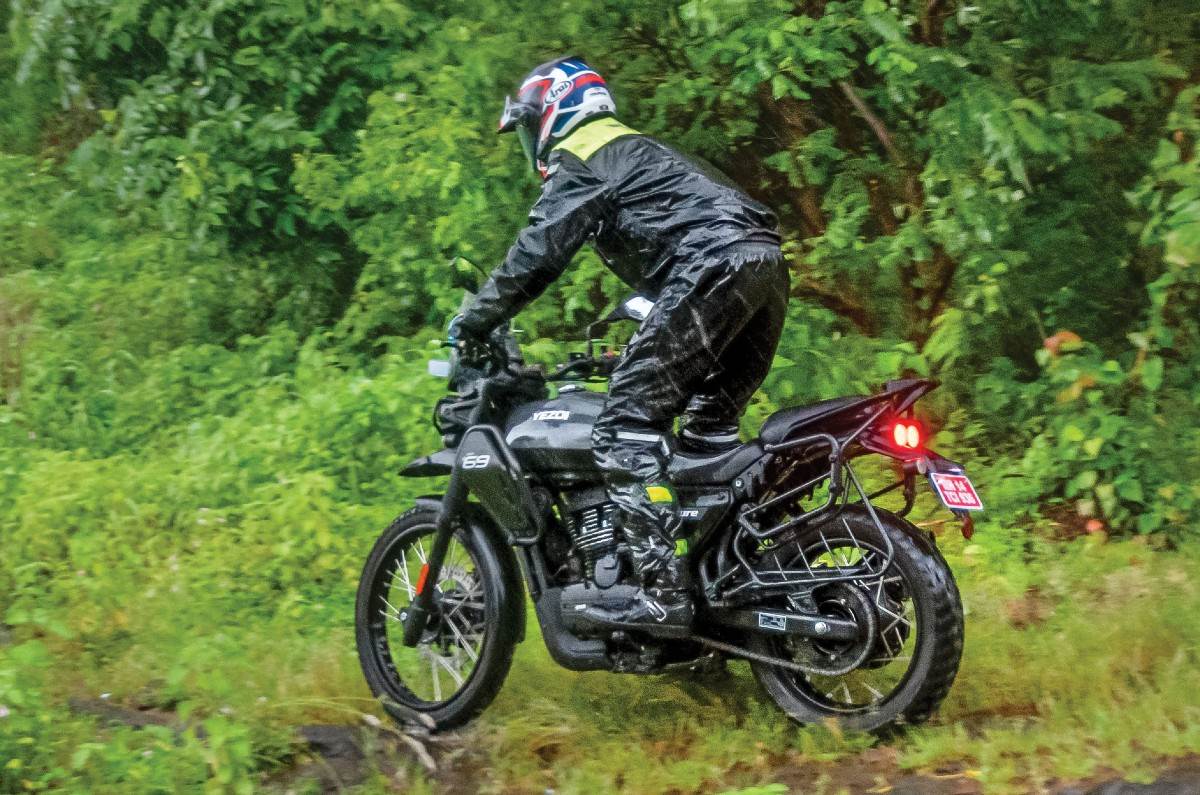 Yezdi Adventure left rear riding shot off road Yezdi Adventure left rear riding shot off road