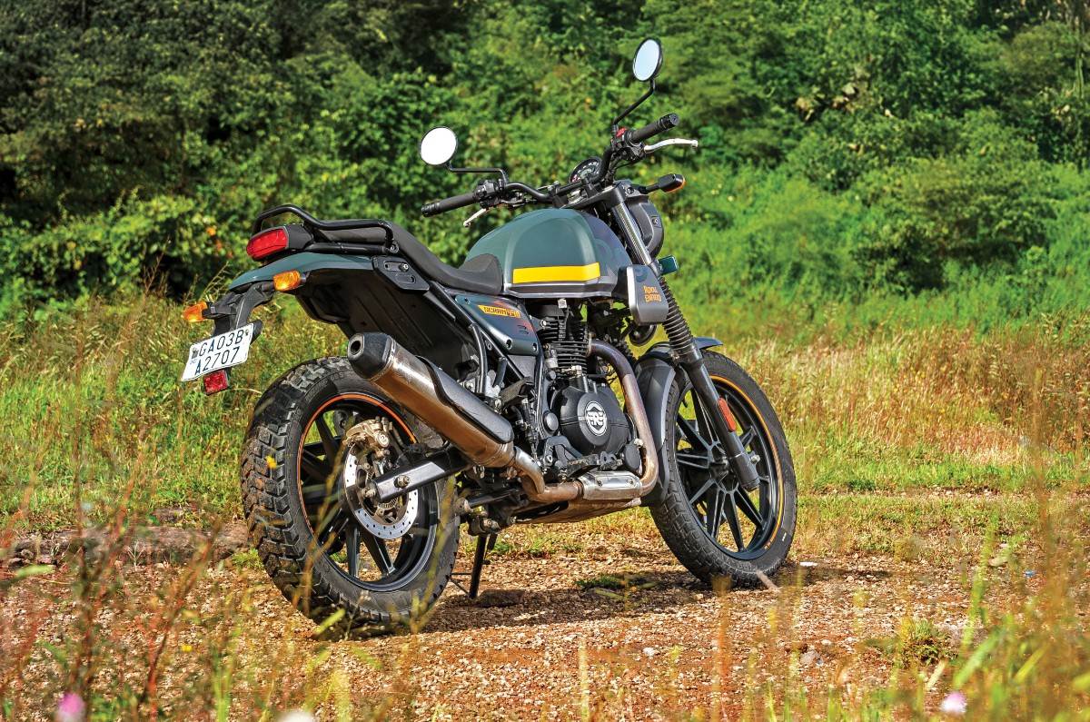 Royal Enfield Scram 440 right rear static in field Royal Enfield Scram 440 right rear static in field