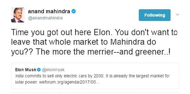 Anand Mahindra invites Elon Musk to make EVs in India