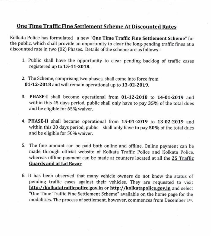 Kolkata Police introduce &#8220;One Time Traffic Fine Settlement Scheme&#8221;