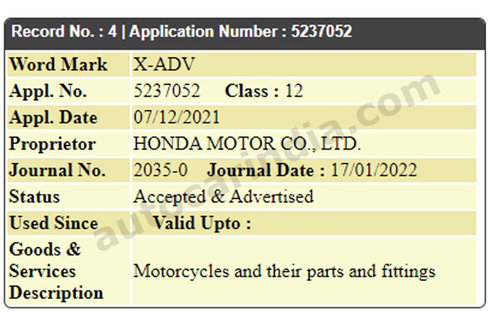 Honda X-ADV name trademarked in India