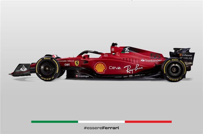 Side view of Ferrari's 2022 F1 racer, the F1-75