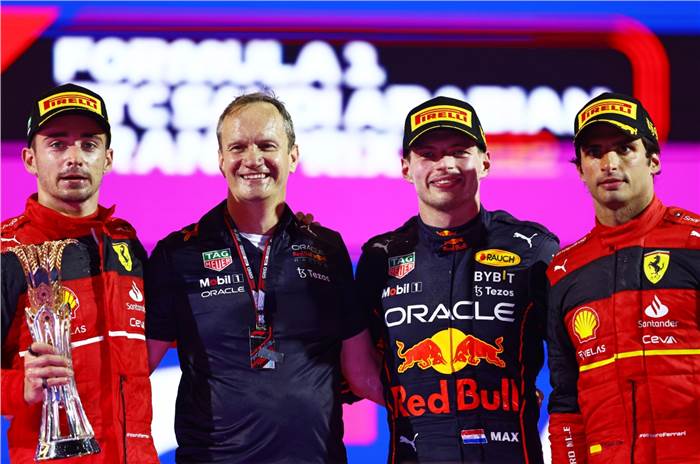 F1 2022 Saudi Arabian GP podium - Charles Leclerc, Max Verstappen and Carlos Sainz