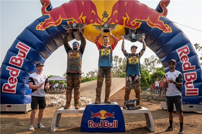 2022 Red Bull Ace of Dirt podium - Shardul Sharma, Peru Irazola Arbulu and Sandra Gomez