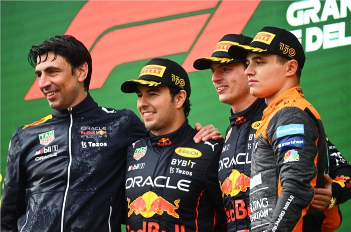 2022 F1 Imola GP podium - Sergio Perez, Max Verstappen, Lando Norris