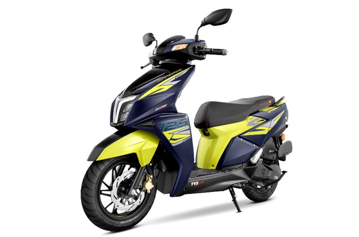 The TVS NTorq 125 XT seen in its blue and neon yellow paint scheme.