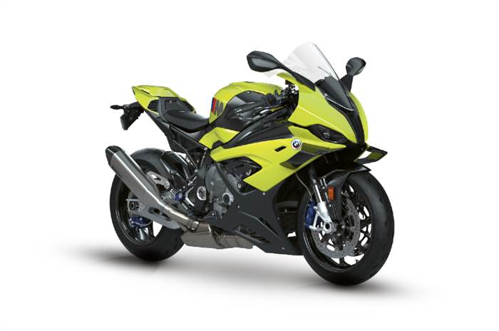 The BMW M 1000 RR 50 Years edition seen in the distinctive Sao Paulo yellow colour option.