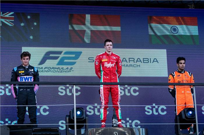 Jack Doohan, Frederik Vesti and Jehan Daruvala on the F2 Saudi Arabia podium