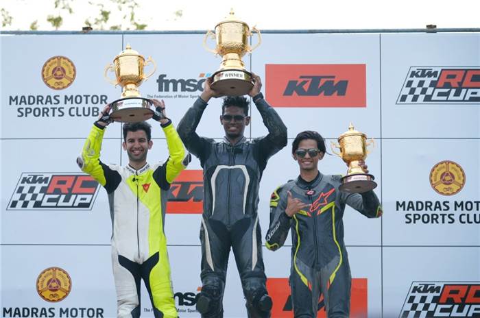 KTM RC Cup India winners Amarnath Menon, Navaneeth Kumar and Allwin Xavier 