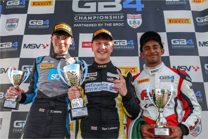 Tom Mills, Harri Reynolds and Ruhaan Alva on GB4 Championship podium at Silverstone