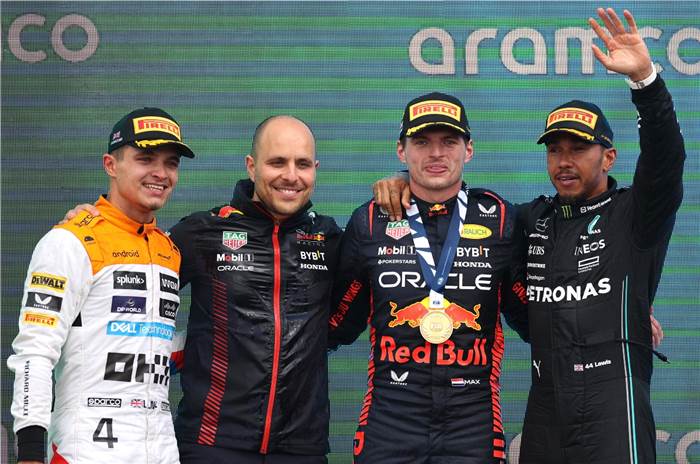 Lando Norris, Max Verstappen, Lewis Hamilton on 2023 F1 British GP podium