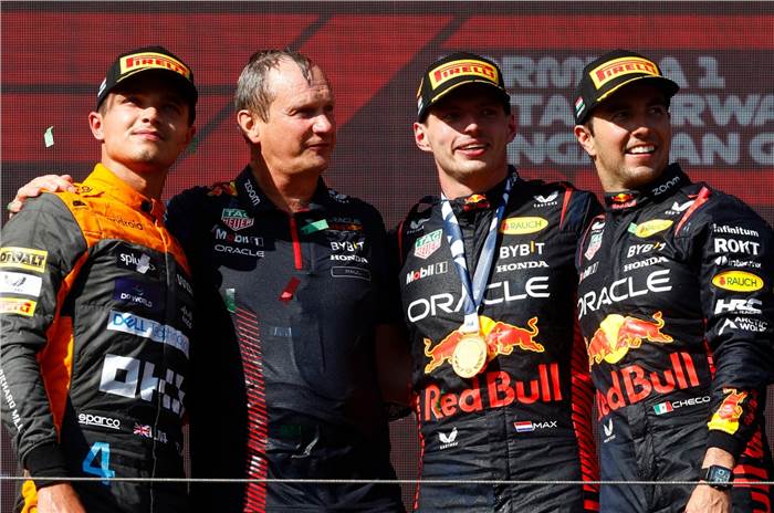 Lando Norris, Max Verstappen, Sergio Perez on Hungarian GP podium