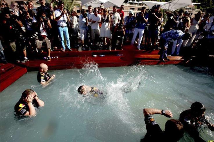 After Webber's 2010 win in the principality, Vettel just has to jump in the pool, carefully constructed on top of the Red Bull Energy Centre.
