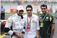 Narain Karthikeyan, Sachin Tendulkar and Karun Chandhok on the starting grid.