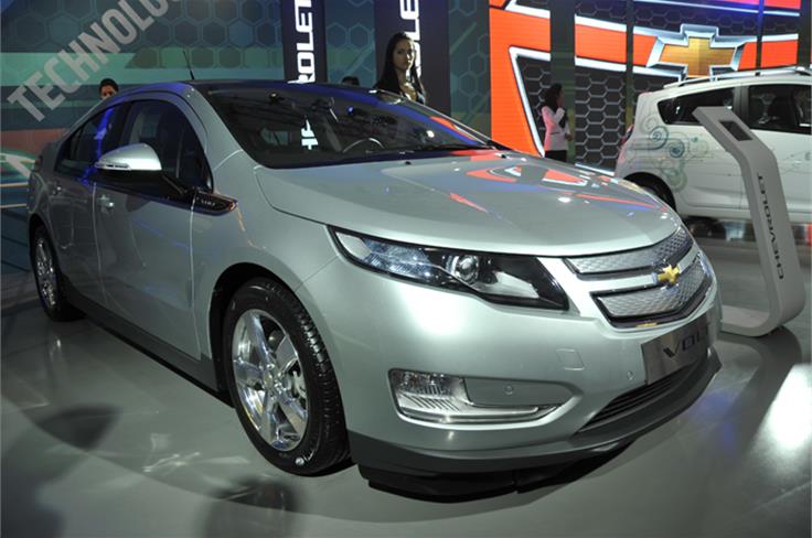 Chevy showcases their cutting-edge plug-in hybrid electric vehicle.