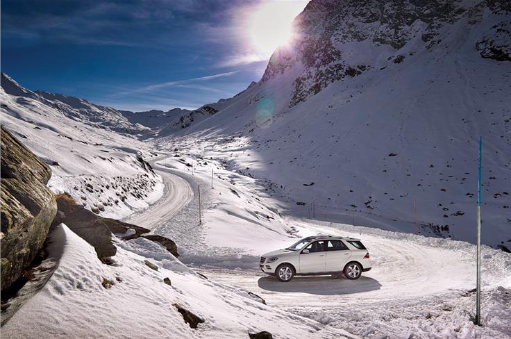 January 2012: Merc&#8217;s new M-class crunches its way up the snowed-in path with ease. It has the torque, traction and smart diffs that help keep it on the road &#8212; or lack thereof. And it looks fresh with its new identity.