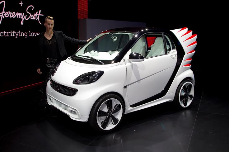 This audacious Smart fortwo is the work of fashion designer Jeremy Scott.
