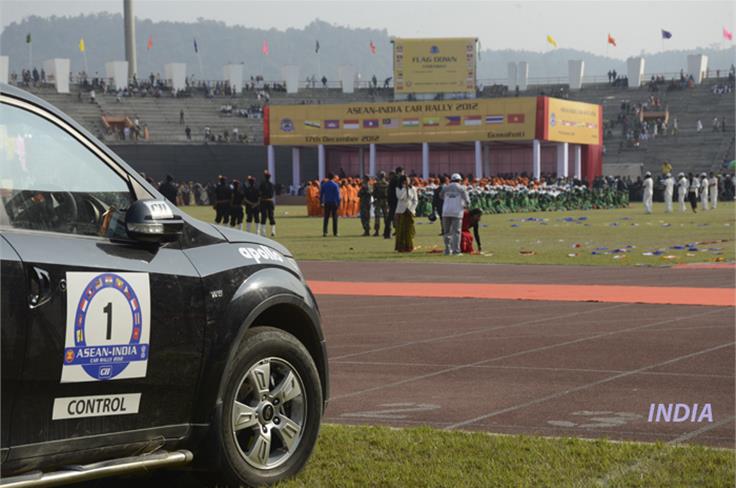 The ASEAN car rally enters the Sarusojai Stadium in Guwahati for the flag down