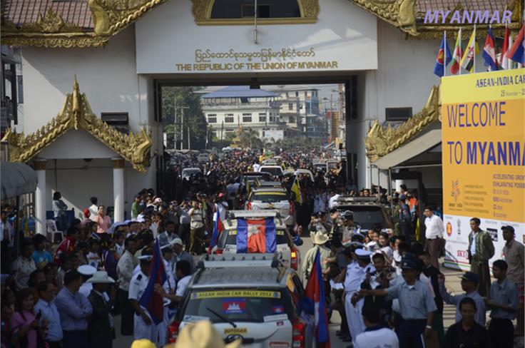 The rally gets an overwhelming welcome as it enters Myanmar