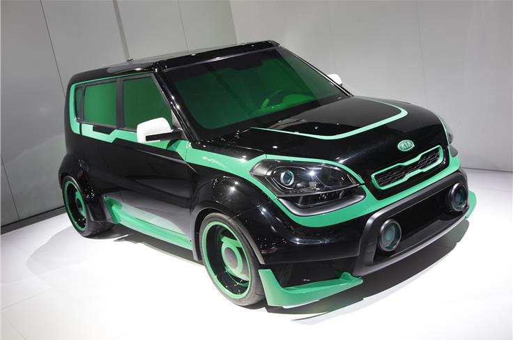 Madcap tunig creations, such as this modified Kia Soul, always creep into Detroit's periphery halls


