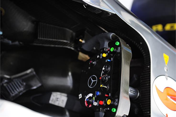 Mercedes AMG F1 W04 steering wheel in detail.