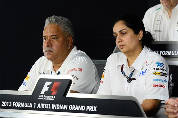 Vijay Mallya and Sauber F1 team principal Monisha Kaltenborn in the FIA press conference.
