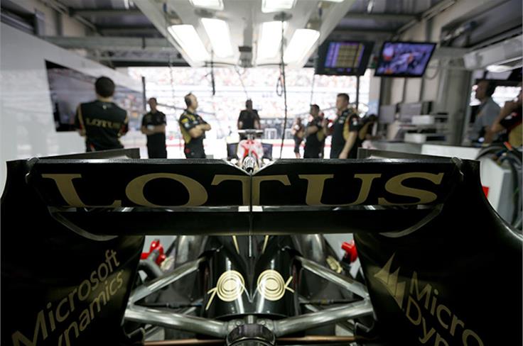 Team Lotus garage during qualifying.