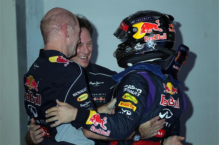 Celebrating with Adrian Newey and Christian Horner.