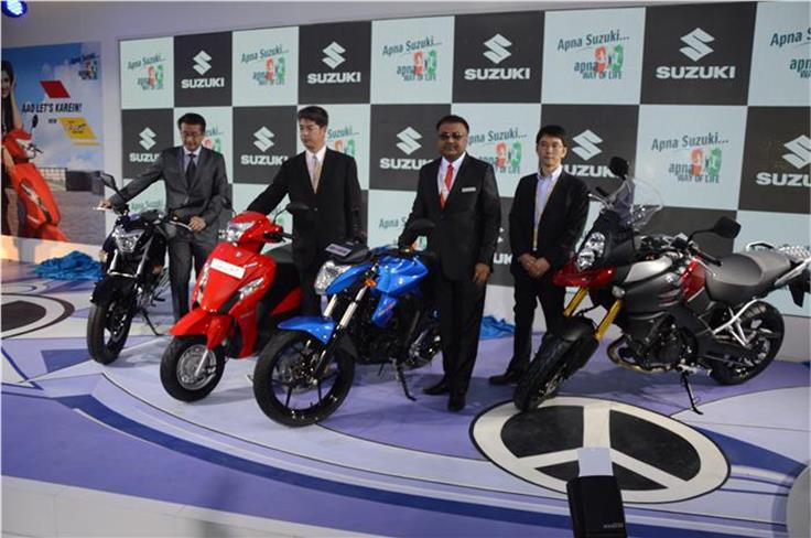 Suzuki unveiled the V-Strom 1000 ABS, Inazuma, Gixxer, Let&#8217;s scooter at the Auto Expo 2014. 