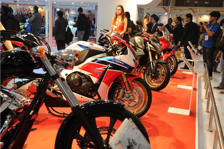 Honda has their current range of superbikes on display... 