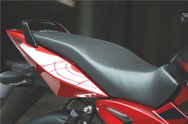 The Pulsar 150 comes with slightly stepped single saddle for the rider and pillion.