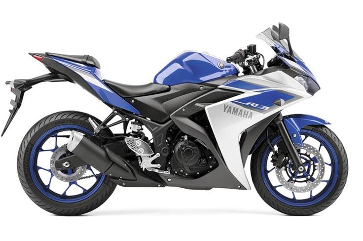 Yamaha YZF-R3 side profile in traditional Yamaha blue and silver 