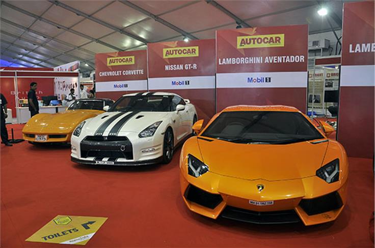 No dearth of bhp here. That's the Nissan GT-R flanked by the Aventador and the Chevrolet Corvette.