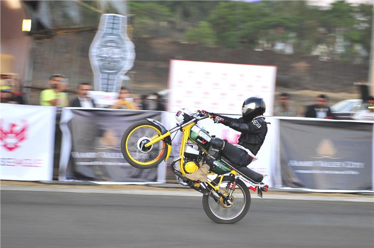 The Indian bikes wheelie category drew a bunch of talented riders.   