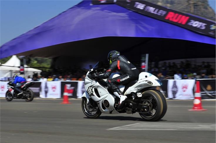 Spectators were thrilled to watch superbikes like the Suzuki Hayabusa and the Yamaha R1 compete against each other to post the fastest quartermile times.
