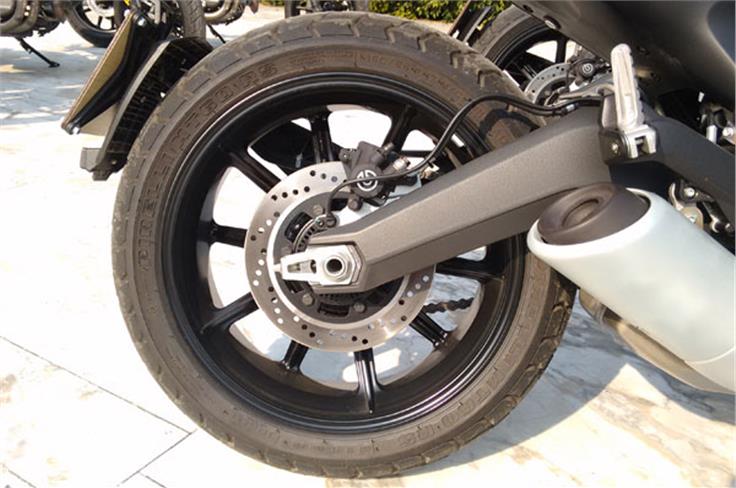 A 245mm ABS equipped Brembo rear disc brake is radial mounted to an aluminium swingarm.  
