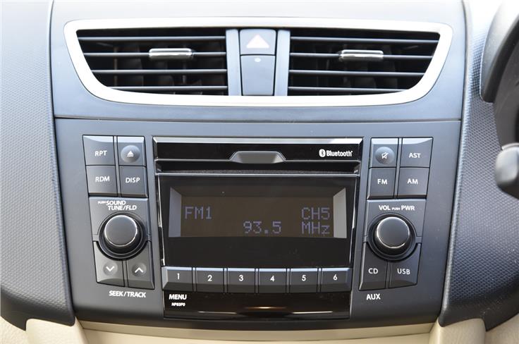 The Dzire V trims now feature the same music system as the top variants sans Bluetooth option. 