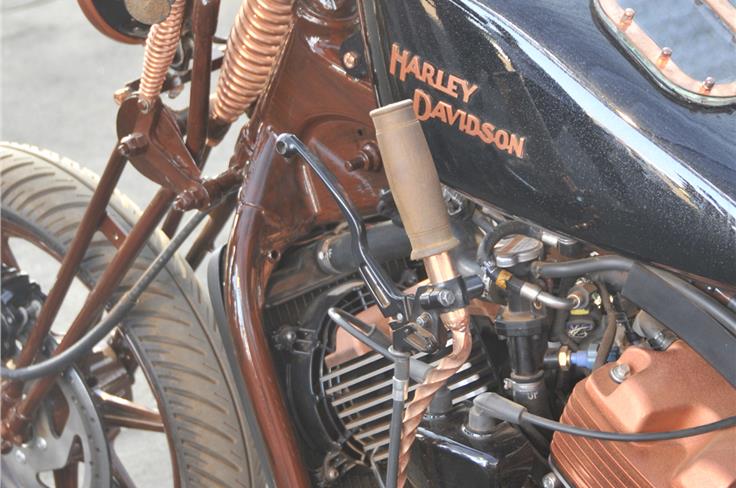 A modified Harley-Davidson with hand shifted gears seen here. 
