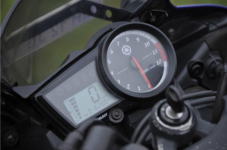 The instrument console on the YZF-R15 V2.0 feels a bit dated.