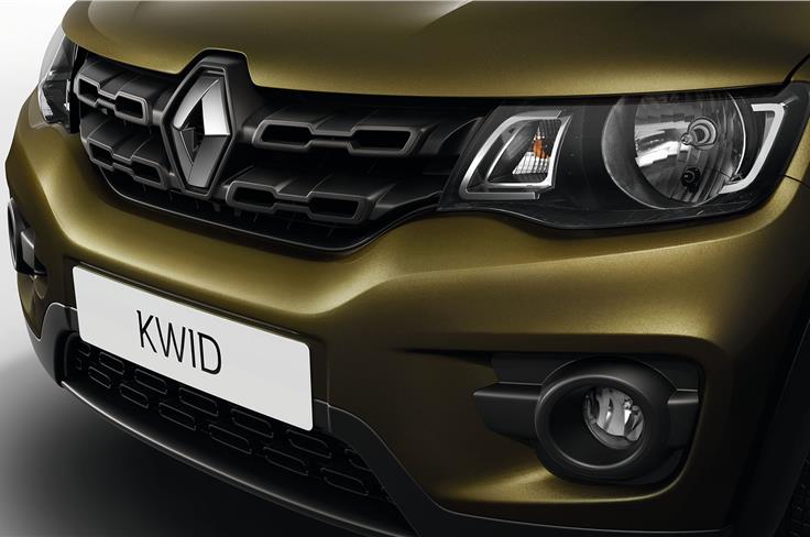 The Renault Kwid's serrated grille, big emblem and chunky fog lamp enclosures make it look really macho.