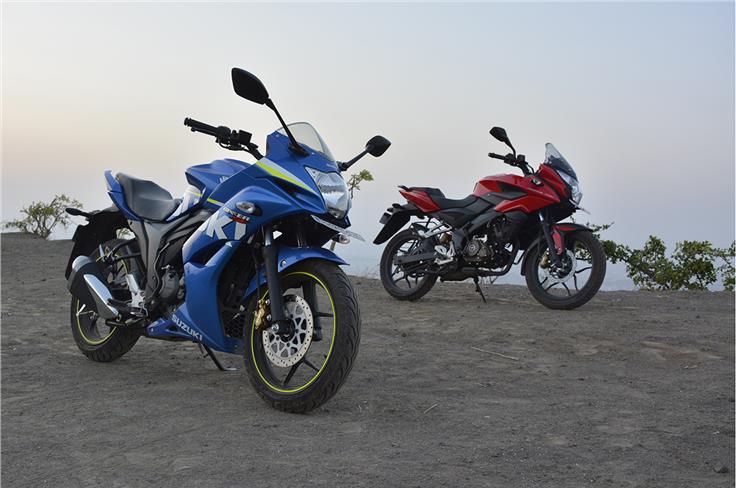 The Suzuki Gixxer SF is a truly sporty-looking motorcycle. The Bajaj Pulsar AS reminds us of larger-capacity adventure motorcycles.