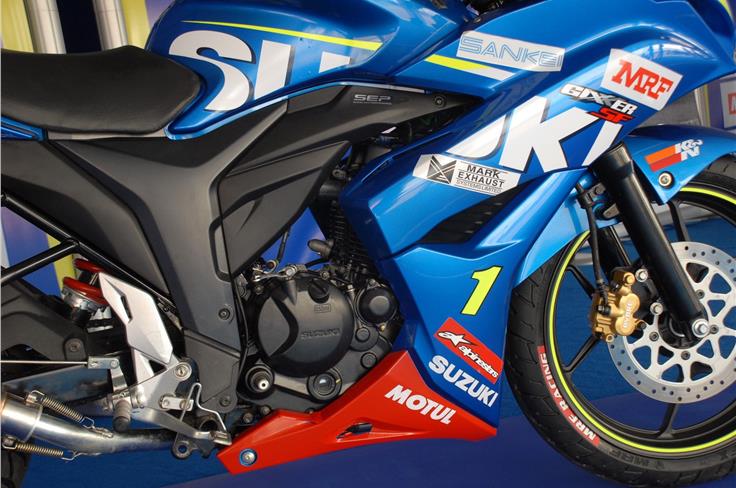Powering the Suzuki Gixxer at the race series is a 155cc, air-cooled and carburetted engine.