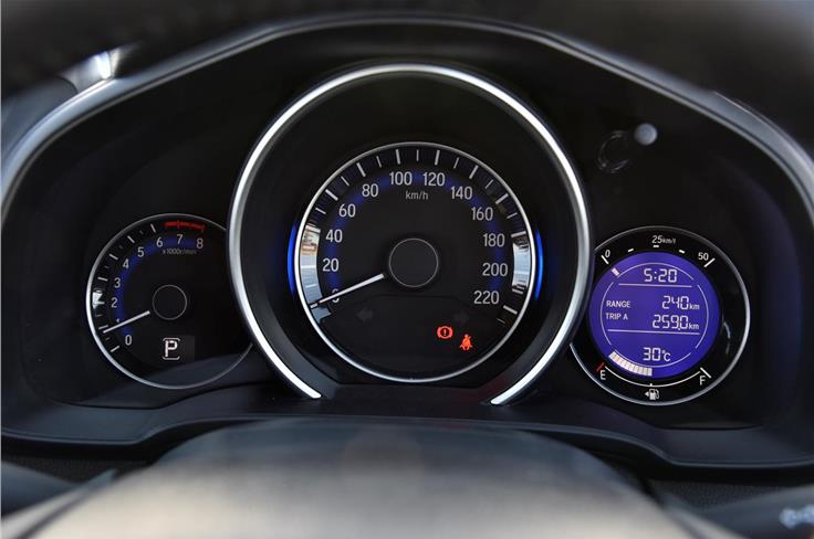 The instrument cluster and fonts are laid out like in the City, but the hood over the speedo adds a bit of flavour to the rather simple look.