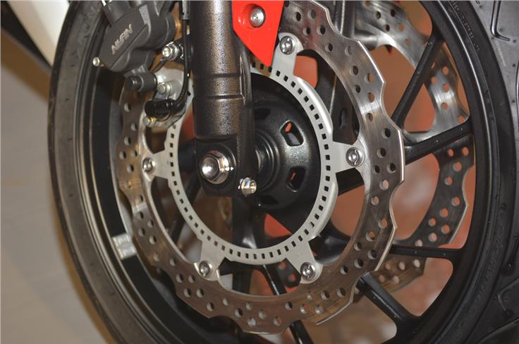 Nissin brakes with ABS as standard perform the stopping duties on the CBR 650F.