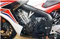 A cut out section in the side faring exposes the engine, further adding to the sporty appeal of the Honda CBR 650F.