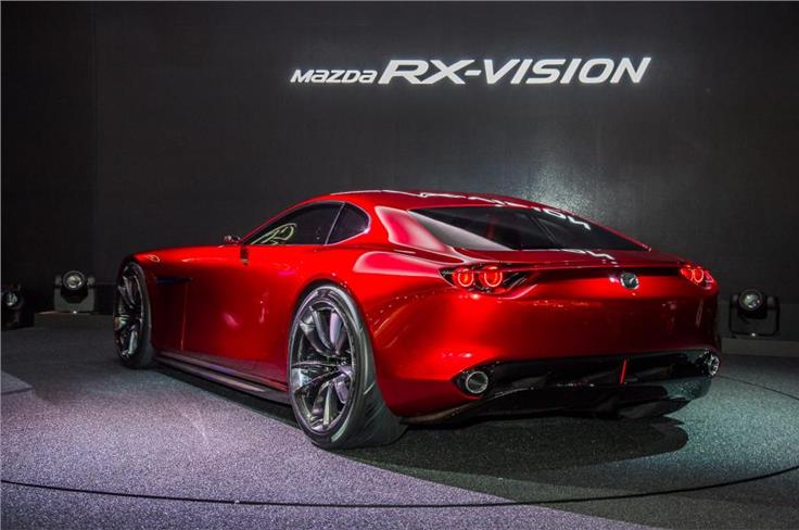 Mazda RX Vision Concept left hand side rear three-quarters view.