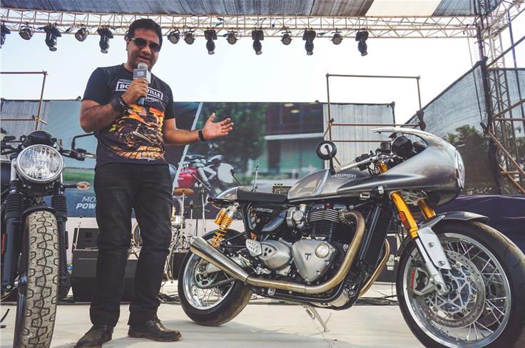Triumph India MD Vimal Sumbly shows off the new Thruxton R.