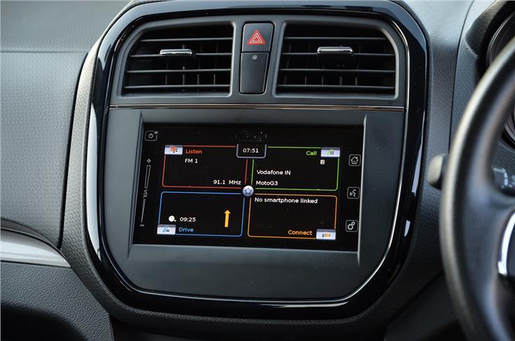 The SmartPlay infotainment system on the Brezza ZDI+ comes equipped with Apple CarPlay and Mirror Link.