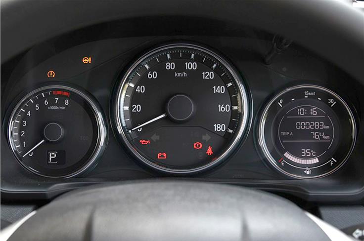 The dials in the instrument cluster are similar to the Jazz. Automatic variant gets an additional digital readout for gear lever position.