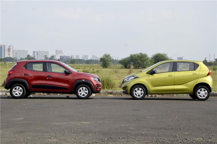 The Kwid leads in length and wheelbase, while the Datsun is the taller of the two. The Datsun also has an extra 5mm of ground clearance than the Kwid, though both cars use small 13-inch wheels.